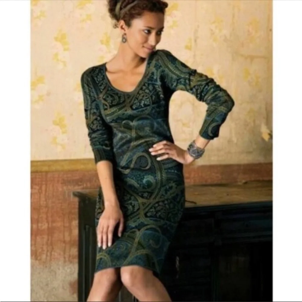 Peruvian Connection Kashmiri Paisley Sweater Dress Size M Green Pima Cotton - Picture 2 of 13